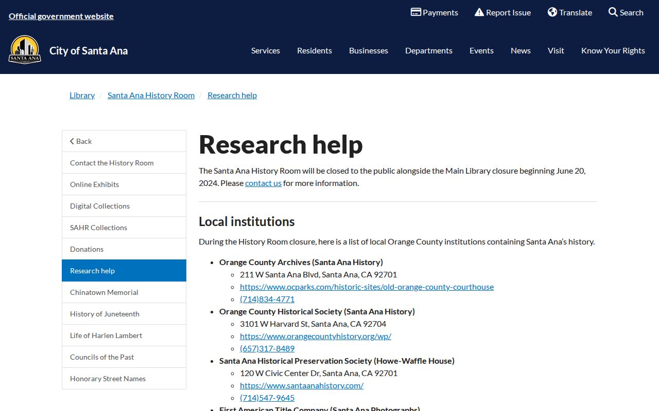 Santa Ana people directories screenshot of local history research referrals