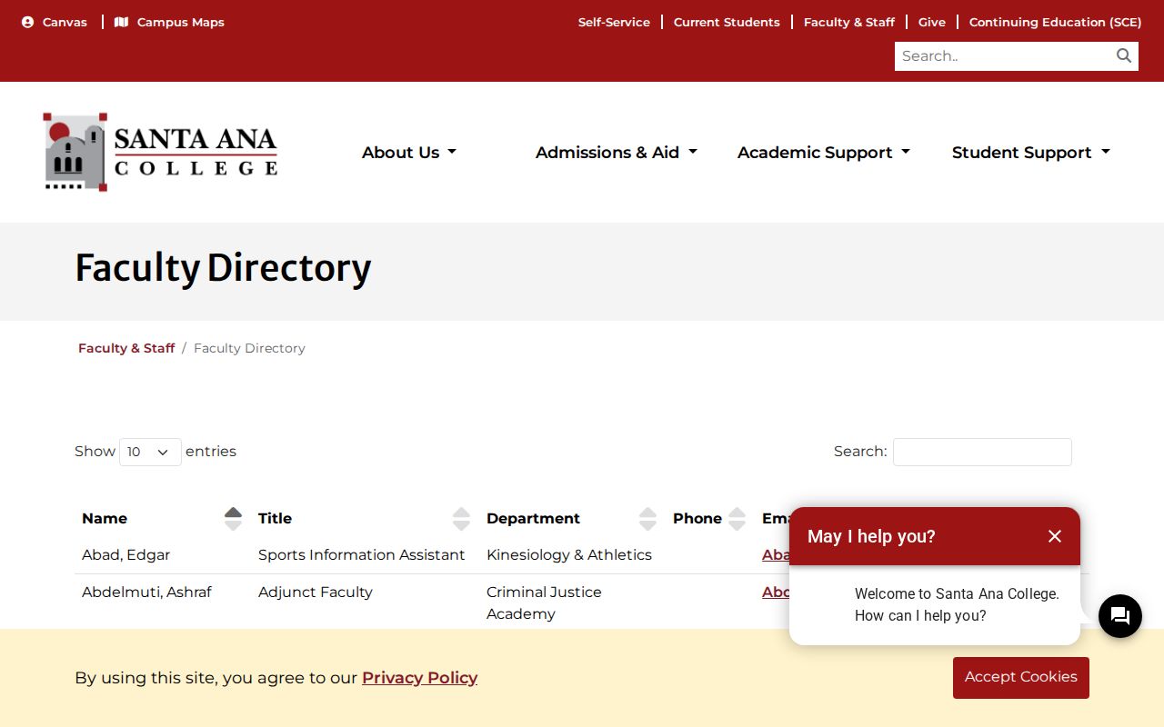 Santa Ana people directories screenshot of the college faculty and staff listing