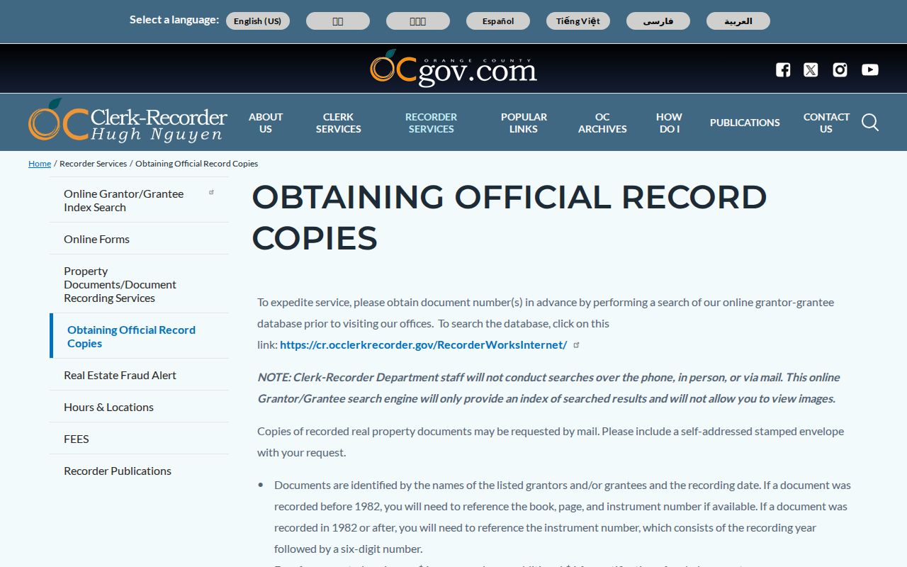 Santa Ana public records copy instructions from Orange County Clerk-Recorder