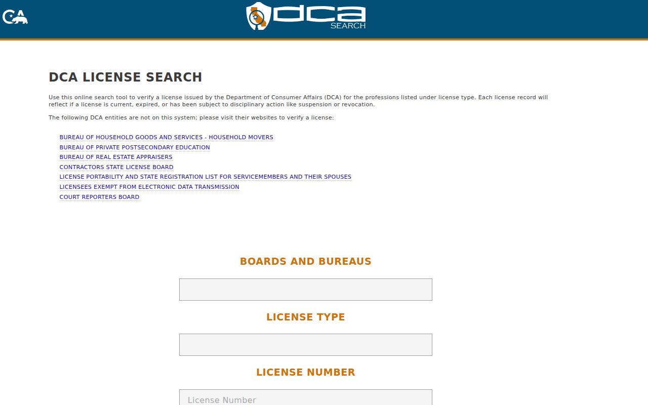 Santa Ana public records access through California DCA License Search