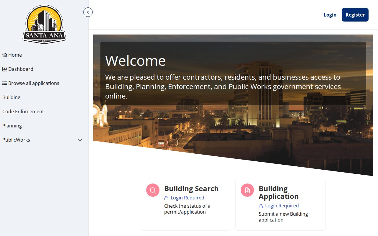 Santa Ana public records building search in the Accela portal