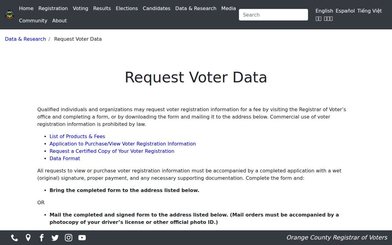 Santa Ana voter registration data request page from Orange County